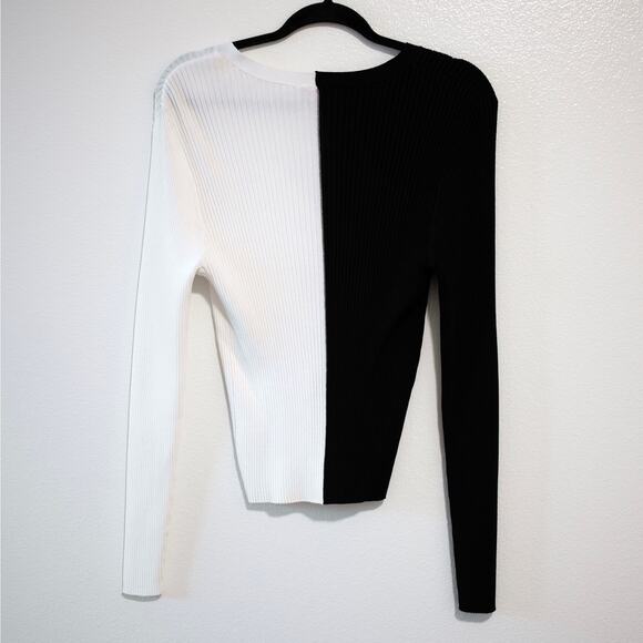 Staud Cargo Sweater Cardigan Black White Two Tone Ribbed Knit SZ L - Picture 4 of 6